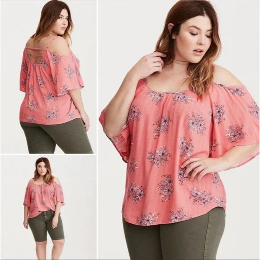 Torrid Size 0X Floral Print Cold Shoulder Strappy Back Top Pink